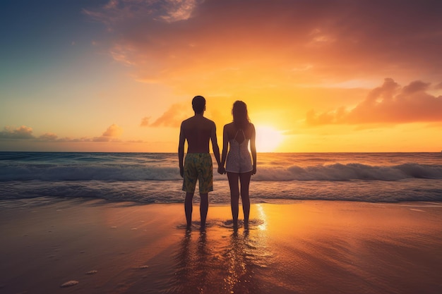 Picture of romantic young couple on the beach sunset