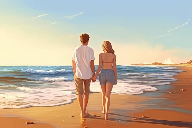 Picture of romantic young couple on the sea shore AI generated