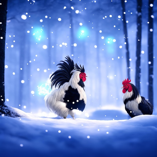 A picture of a rooster with a snowy background