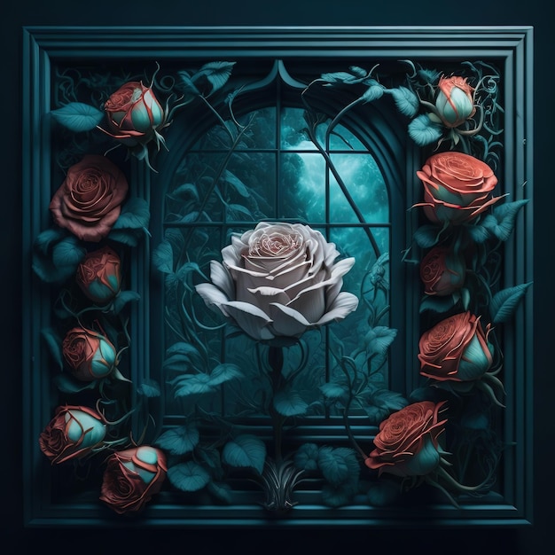 A picture of a rose with a window behind it