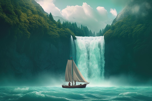 a picture of a sailboat next to a waterfall in the artwork