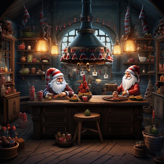 a picture of santa claus and a table with a shelf full of food