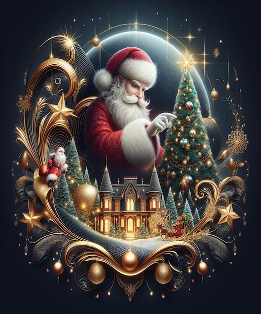 a picture of santa with a christmas tree and a house in the background