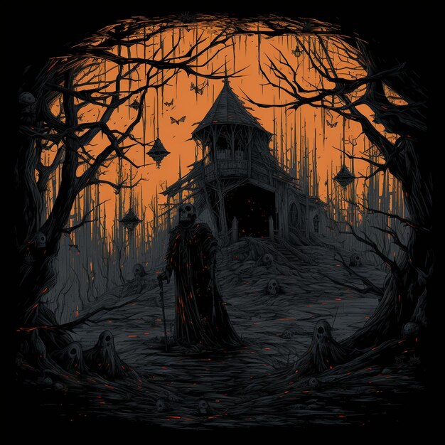 a picture of a scary house with a scary silhouette of a witch.