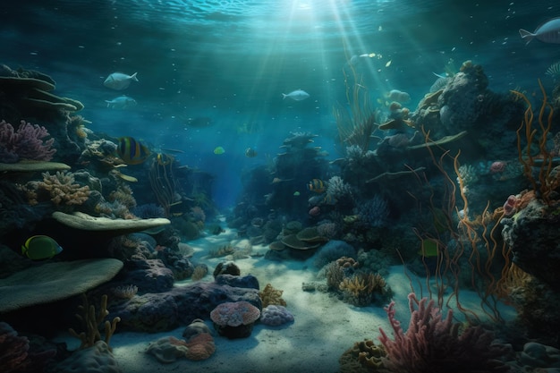 A picture of a sea floor with fish and rocks