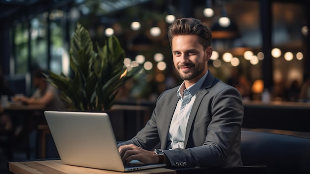 Picture of a seated productive developer using a laptop database optimization in office Generative AI