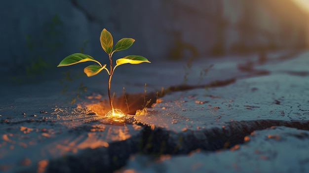 Picture a seedling glowing with inner light breaking through concrete symbolizing breakthrough ideas overcoming obstacles