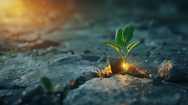 Picture a seedling glowing with inner light breaking through concrete symbolizing breakthrough ideas overcoming obstacles