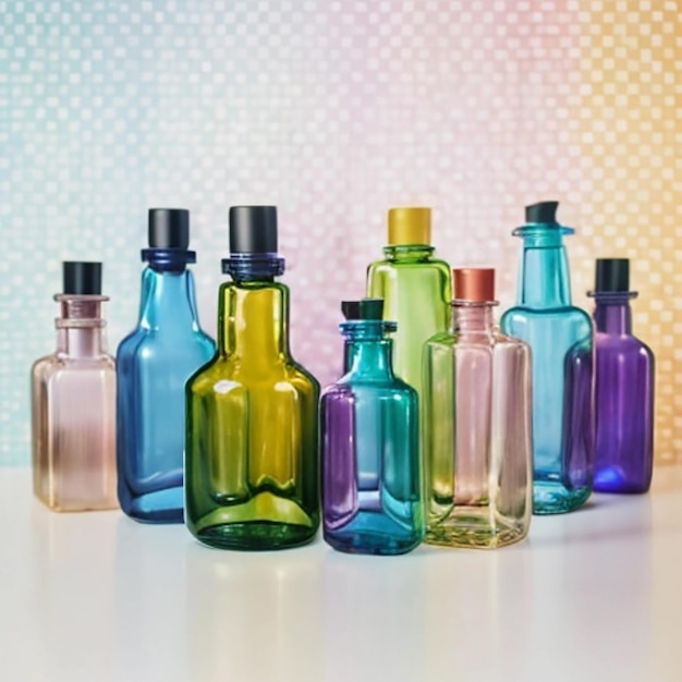 картина набора цветных стеклянных бутылок