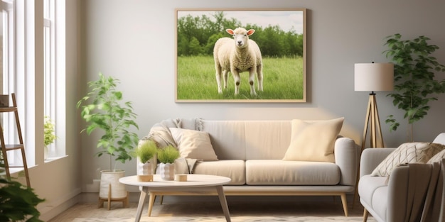 Picture of a sheep in a green field in a room