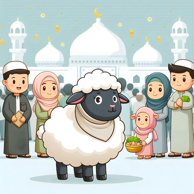 Photo a picture of a sheep with a group of people in front of a mosque