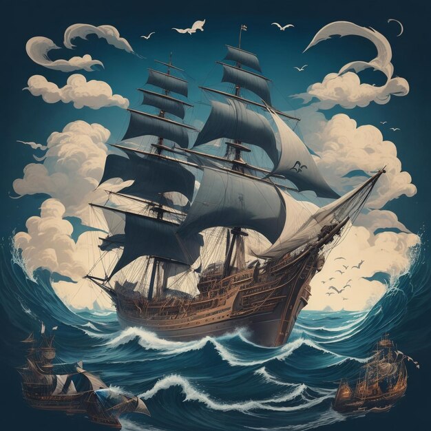 a picture of a ship sailing in the ocean vector tshirt art design