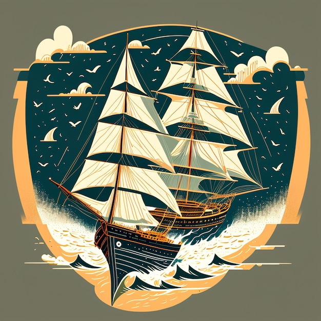 바다 벡터 티셔츠 아트 디자인에서 항해하는 배의 그림
