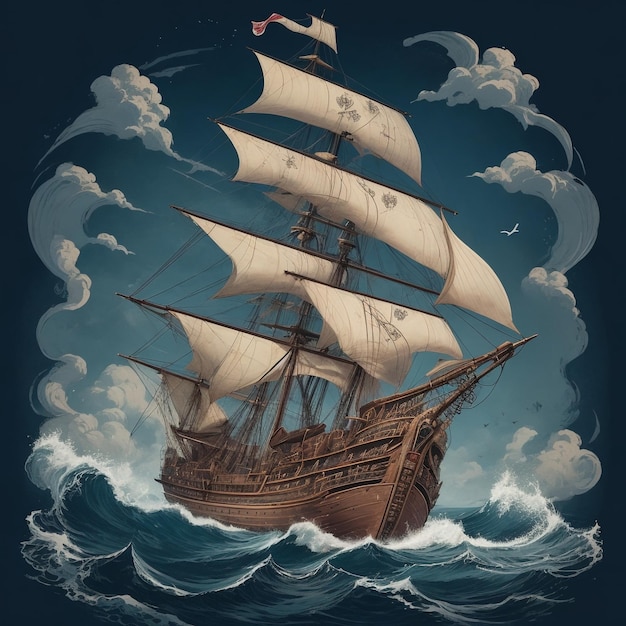 a picture of a ship sailing in the ocean vector tshirt art design