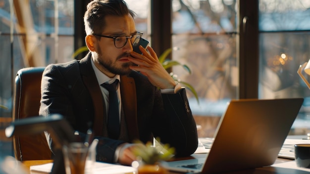 Foto l'immagine mostra un uomo d'affari sicuro di sé che usa il suo portatile in ufficio mentre risponde a una chiamata sullo smartphone di un collega.