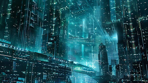 The picture shows a futuristic city at night The city is full of tall buildings and bright lights