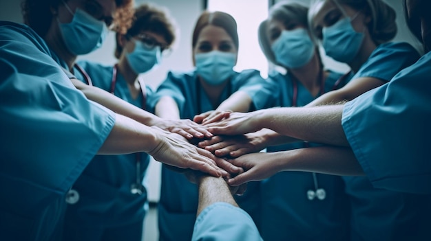 Foto l'immagine mostra un gruppo di medici che si stringono e si stringono le mani l'ia generativa