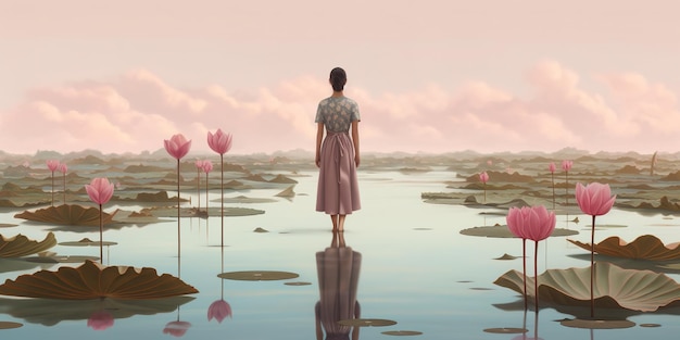 a picture shows a lady posing in front of a pond filled with water lilies