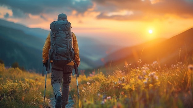 The picture shows a man hiking in the mountains at sunset wearing a heavy backpack Travel Lifestyle wanderlust adventure concept summer vacations outdoors alone