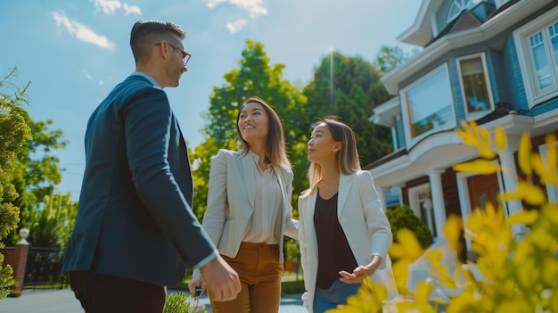 The picture shows a young couple visiting a potential new home property with a professional real estate agent the image is focused on a sign that reads for sale
