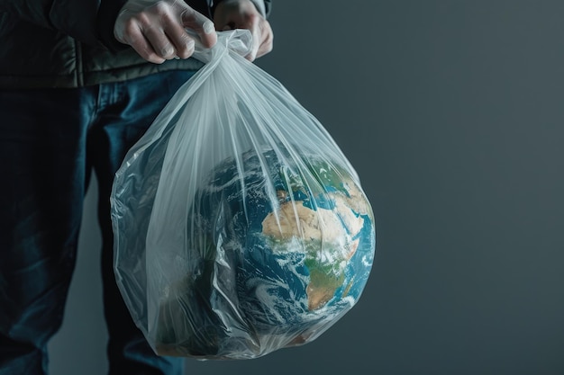Картина одинокого человека, держащего земной глобус и приходящего с пластиковым пакетом aigx