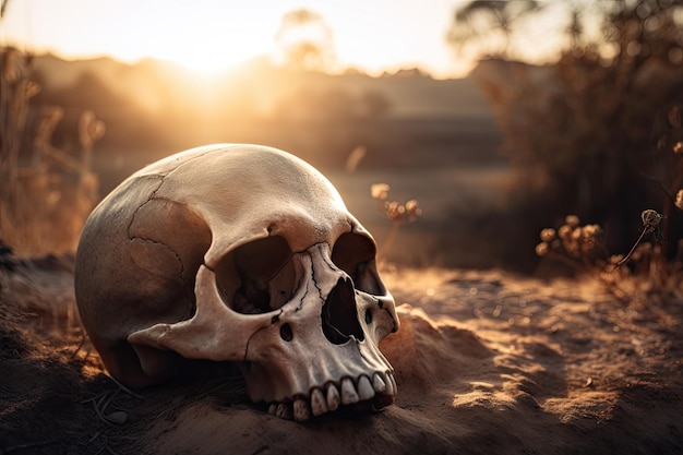 A picture of a skull taken at sunset
