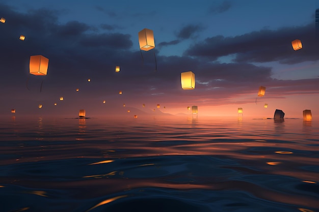 A picture of a sky full of lanterns floating in the water.