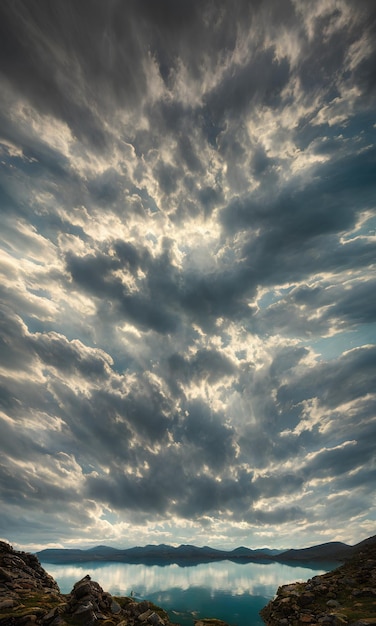 Картина неба с облаками и солнцем, сияющим сквозь облака.