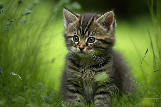 A picture of a small kitten sitting in green grass in the woods