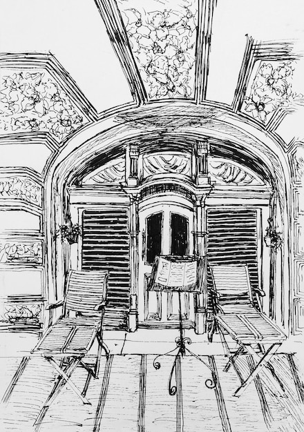 picture of small street terrace of an vintage cafe drawing by hand with black ink on paper
