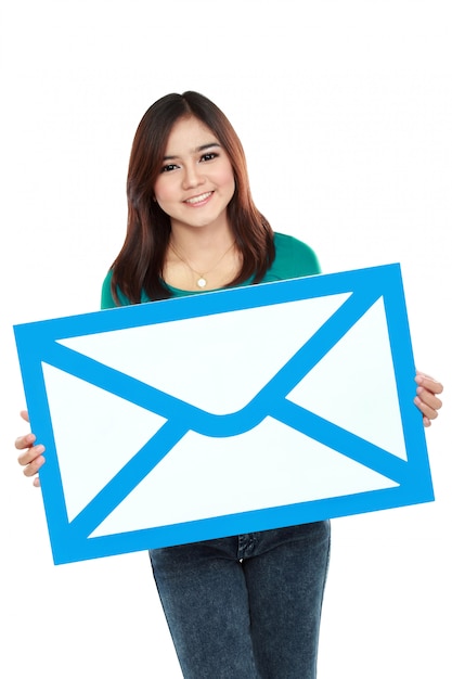 Picture of smiling woman holding envelope sign