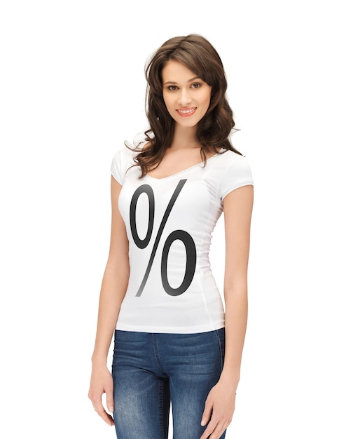 picture of smiling woman in shirt with percent sign