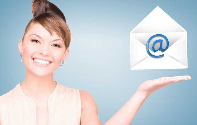 picture of smiling woman showing virtual envelope