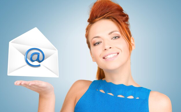 Photo picture of smiling woman showing virtual envelope