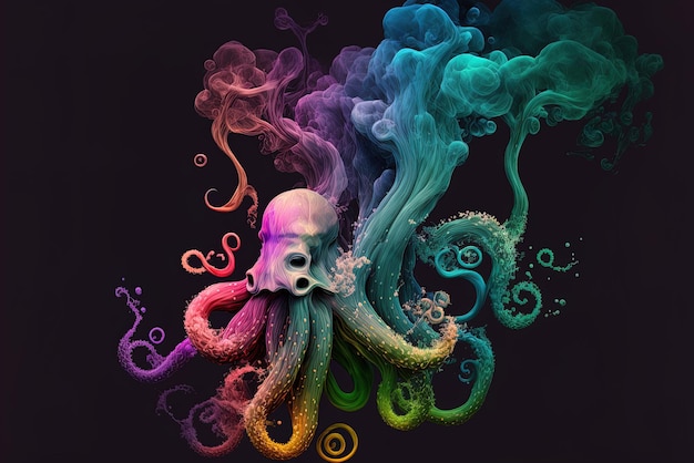 картинка дымящегося осьминога с множеством разных цветов