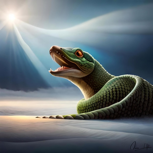 A picture of a snake with the sun shining in the background.