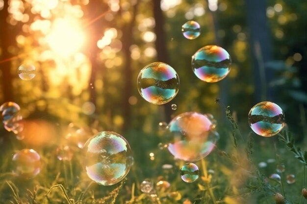 A picture of soap bubbles in the grass with the sun shining through the trees.