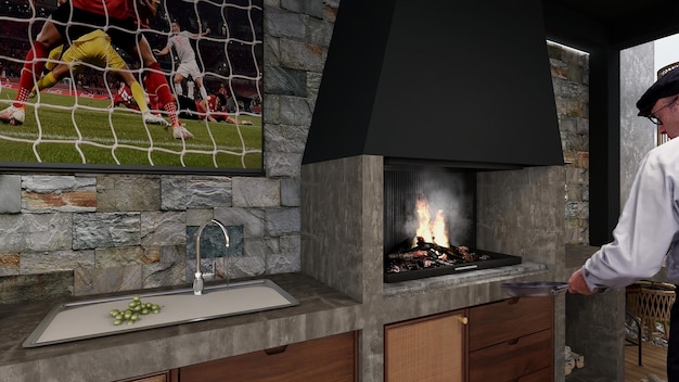 A picture of a soccer game is on the wall above a fireplace.