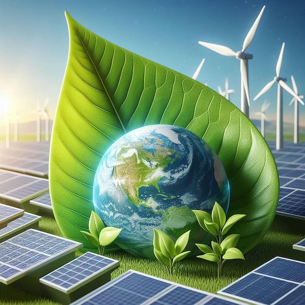A Picture of solar panel in background and planet surrounded by green leaves