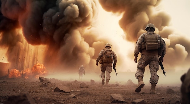 Изображение солдат, идущих к огню со словами «армия» на нем.