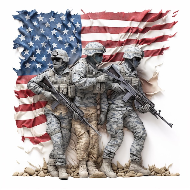 アメリカの国旗を後ろに持つ兵士の写真。