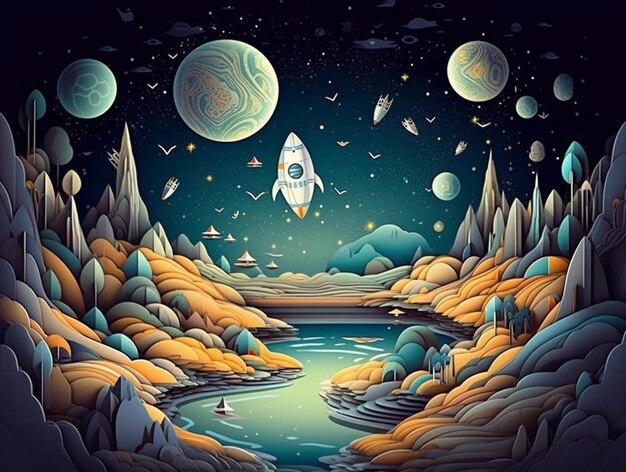 A picture of a space scene with a rocket flying over a river generative ai