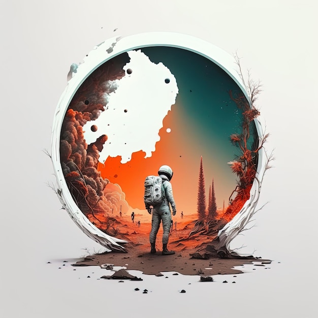 a picture of a spaceman with a helmet on his head and a planet with a red sky in the background.