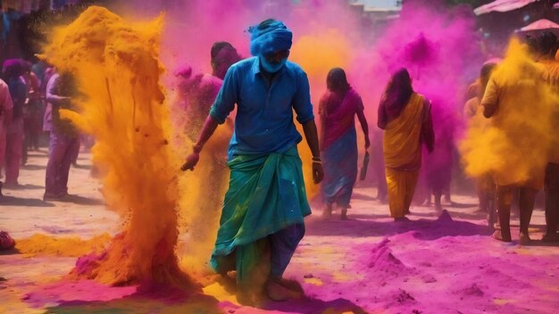 A picture of splash of colour powder in a holi festival in india