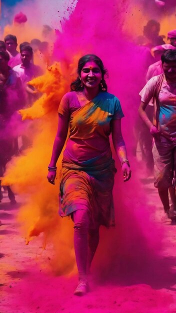 A picture of splash of colour powder in a holi festival in india