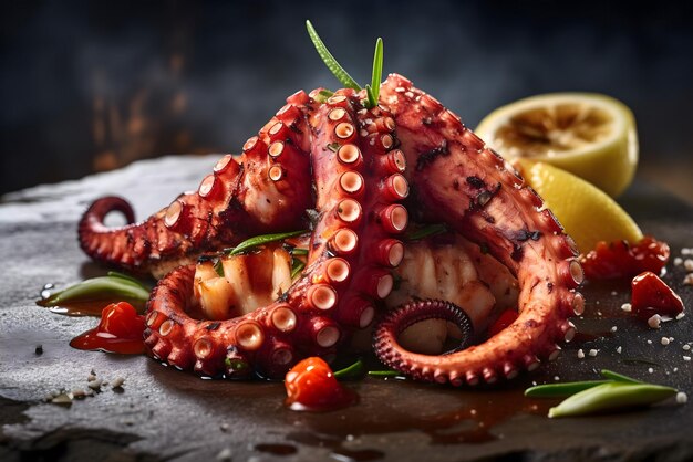 A picture of a squid and lemon on a plate with a fire in the background