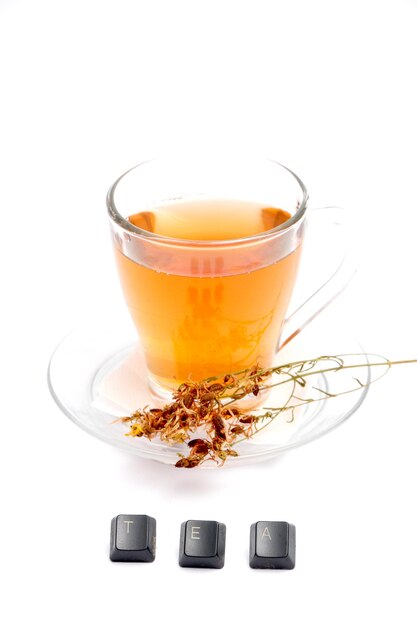 Photo picture of a st johns wort tea on white background