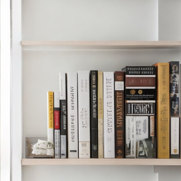 Picture of a stack of books on a white shelf