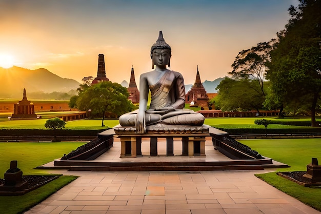 a picture of a statue with a mountain in the background