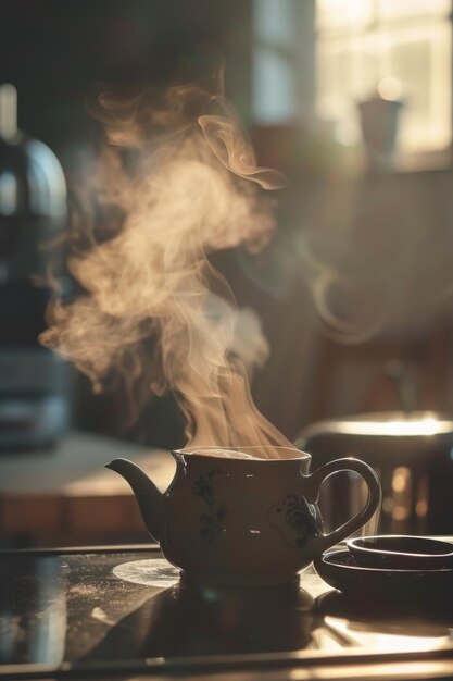 A picture of a steaming tea pot placed on a table This image can be used to depict relaxation cozy moments or enjoying a hot beverage